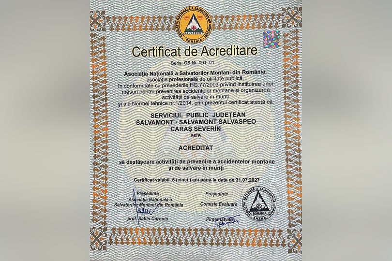 Serviciul Județean Salvamont Caraș Severin, a primit certificatul de acreditare