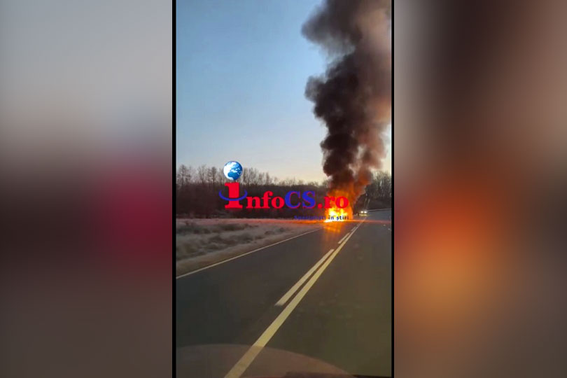Autocamion în flăcări pe DN58 între Caransebeș spre Reșița VIDEO EXCLUSIV UPDATE ora 9