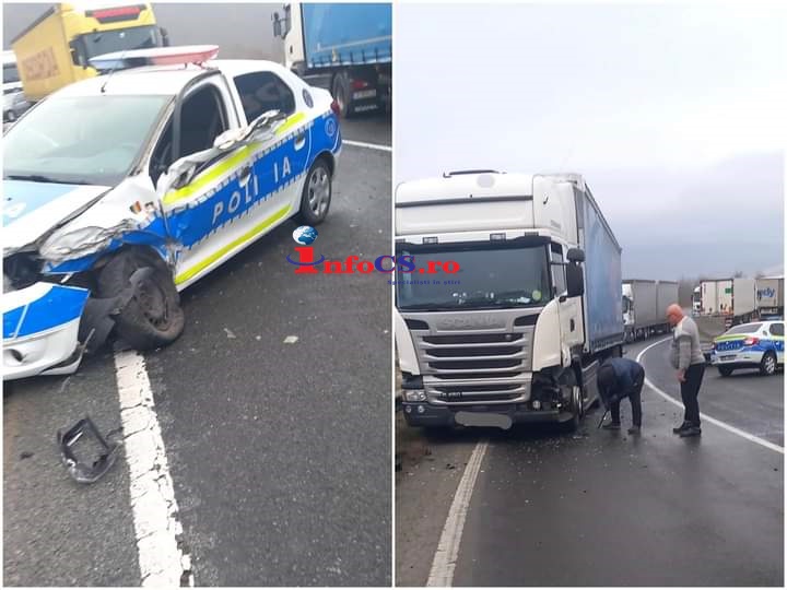 BREAKING NEWS Mașina poliției lovită de un camion bulgăresc pe DN6 la Rusca Teregova EXCLUSIV